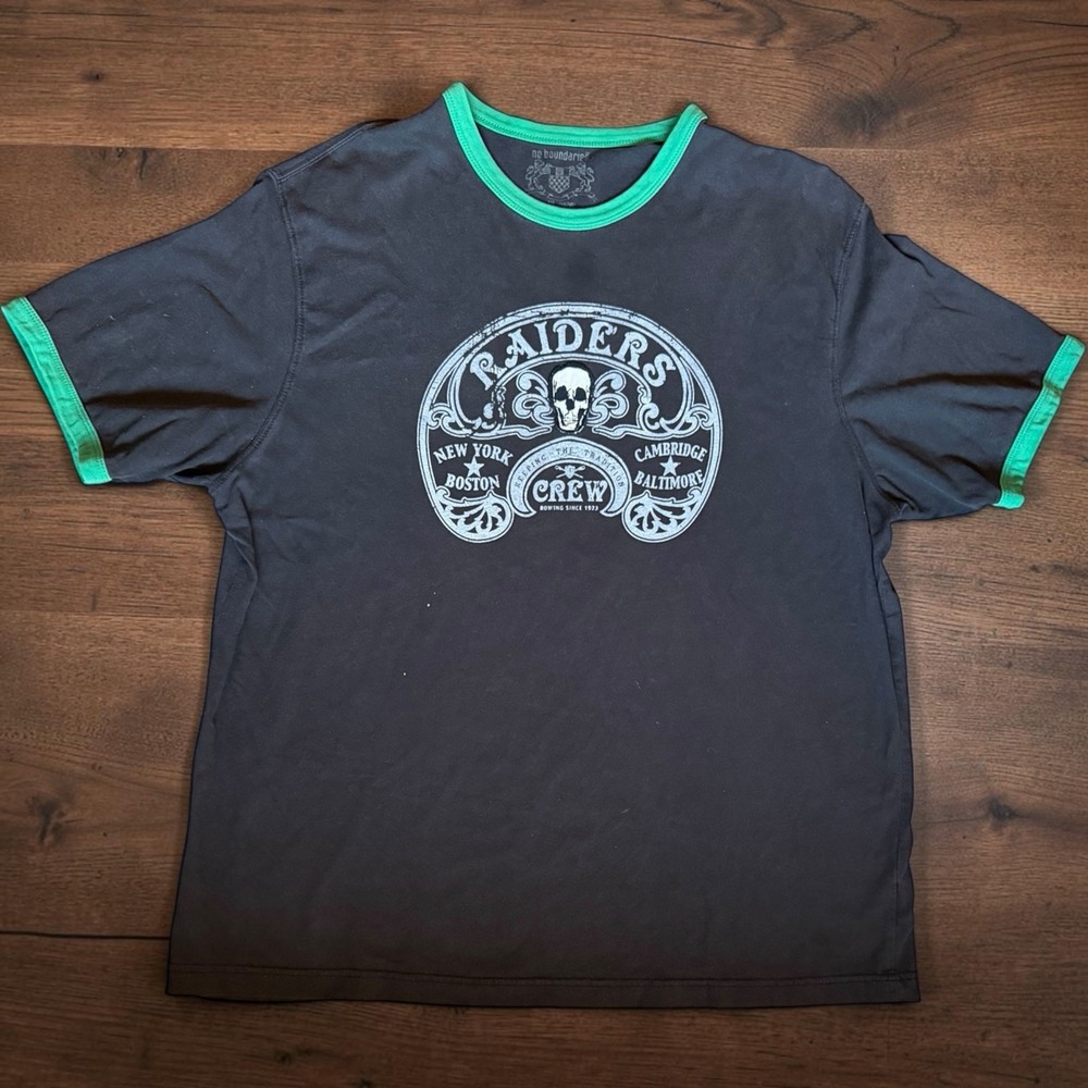 VTG RAIDERS Y2K No Boundaries Mens XL Skull Ringer Tee Grunge Punk Rowing Crew